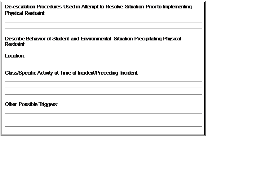 Text Box: De-escalation Procedures Used in Attempt to Resolve Situation Prior to Implementing Physical Restraint: _______________________________________________________________________ _______________________________________________________________________ Describe Behavior of Student and Environmental Situation Precipitating Physical Restraint: Location: ______________________________________________________________________ Class/Specific Activity at Time of Incident/Preceding Incident: _______________________________________________________________________ _______________________________________________________________________ _______________________________________________________________________ Other Possible Triggers: _______________________________________________________________________ _______________________________________________________________________ _______________________________________________________________________
